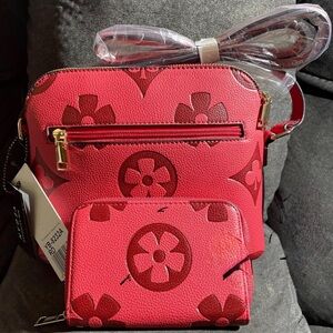 Pink Floral Crossbody Bag and Wallet Set - Women Bags